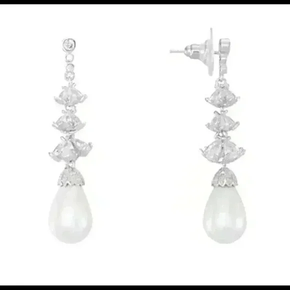 Nina new Cubic Zirconia and Pearl Linear Earrings